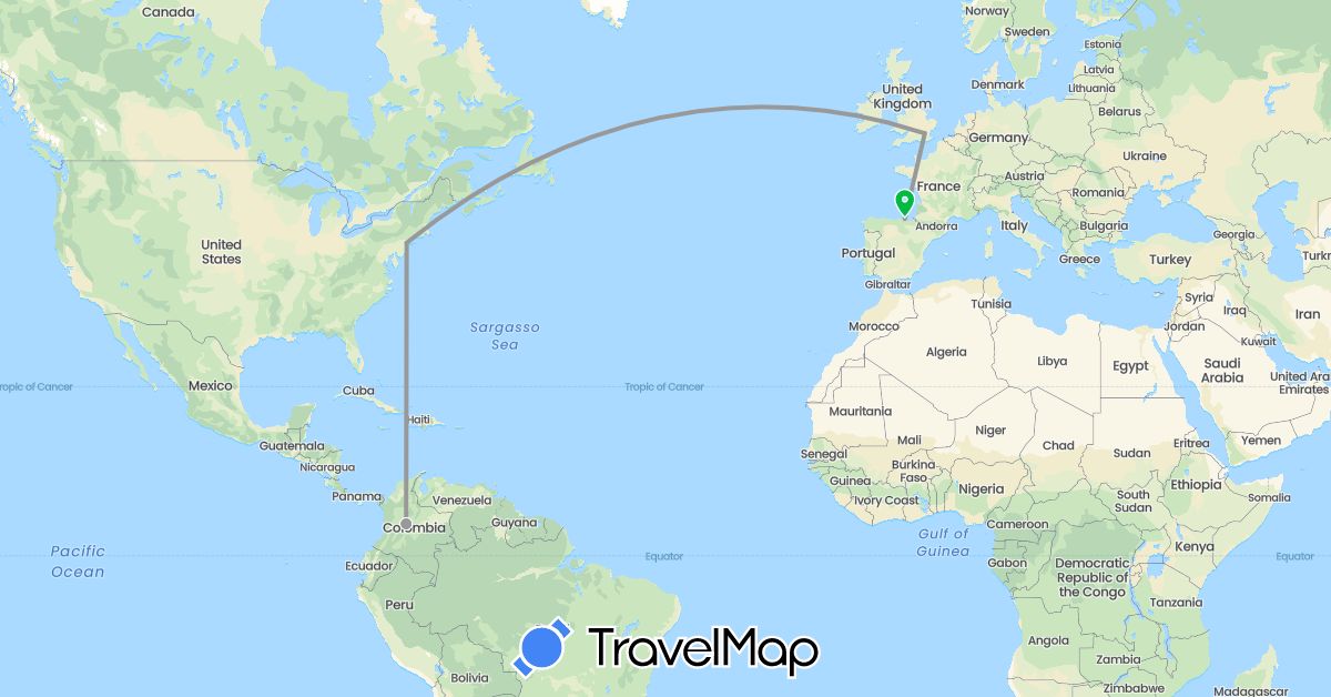 TravelMap itinerary: driving, bus, plane, hiking in Colombia, Spain, United Kingdom, United States (Europe, North America, South America)